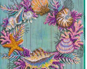 Bead embroidery kit on art canvas Wreath of shells. Abris Art DIY beadwork kit embroidery pattern gift for her diy craft kit