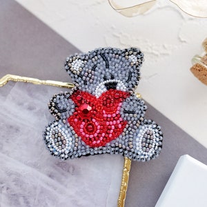 DIY Jewelry making kit, Seed beaded brooch "Bear in love", Abris Art. Bead Embroidery, Needlework beading decoration.