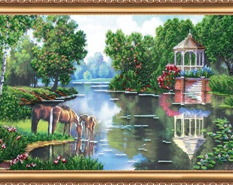 Bead embroidery kit on art canvas Waterhole. DIY beadwork kit embroidery pattern, needlework beading