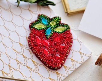 DIY Jewelry making kit, Seed beaded brooch Strawberry, Abris Art. Bead Embroidery, Needlework beading decoration.