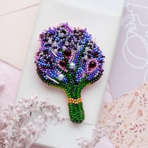 DIY Jewelry making kit, Seed beaded brooch &quot;Lavender&quot;, Abris Art. Bead Embroidery, Needlework beading decoration.