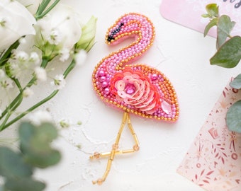 DIY Jewelry making kit, Seed beaded brooch "Flamingo", Abris Art. Bead Embroidery, Needlework beading decoration.