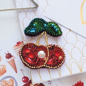 DIY Jewelry making kit, Seed beaded brooch &quot;Cherries&quot;, Abris Art. Bead Embroidery, Needlework beading decoration.