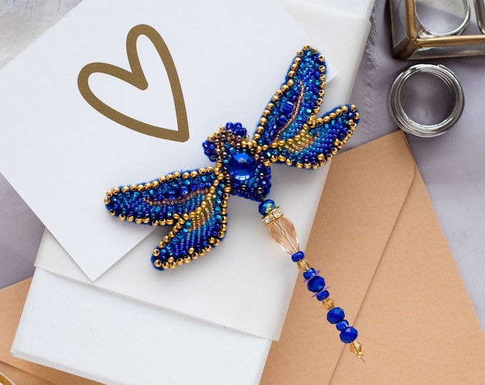 DIY Jewelry making kit, Seed beaded brooch "Dragonfly". Bead Embroidery, Needlework beading decoration.