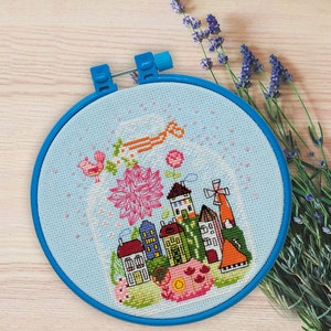 Cross stitch embroidery kit &quot;Gift with cottages&quot;. Abris Art DIY cross stitch picture with frame 6.7&quot;