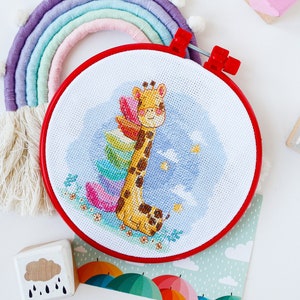 Cross stitch embroidery kit &quot;Sleeping giraffe&quot;. Abris Art DIY cross stitch picture with frame 6.7&quot;
