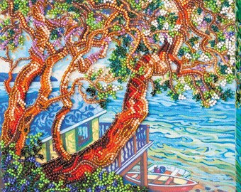 Bead embroidery kit on art canvas Above the sea. DIY beadwork kit embroidery pattern, needlework beading