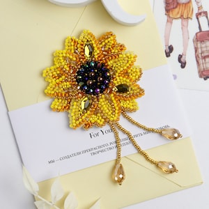 DIY Jewelry making kit, Seed beaded brooch &quot;Little sun&quot;, Abris Art. Bead Embroidery, Needlework beading decoration.