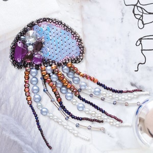 DIY Jewelry making kit, Seed beaded brooch "Jelly-fish", Abris Art. Bead Embroidery, Needlework beading decoration.