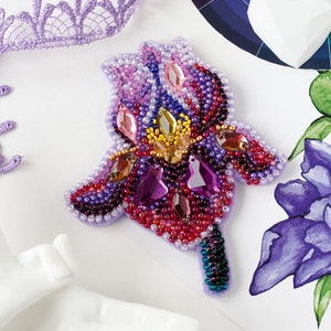 DIY Jewelry making kit, Seed beaded brooch "Amethyst iris", Abris Art. Bead Embroidery, Needlework beading decoration.