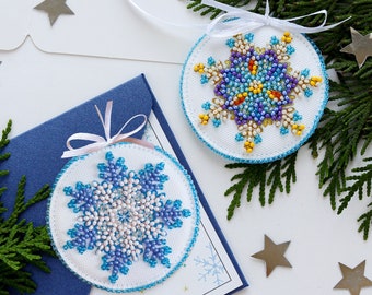 Bead embroidery kit on art canvas Small snowflake. Abris Art DIY beadwork kit embroidery pattern christmas new year diy craft kit