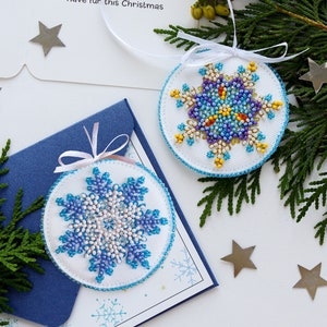 Bead embroidery kit on art canvas Small snowflake. Abris Art DIY beadwork kit embroidery pattern christmas new year diy craft kit
