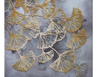 Bead embroidery kit on art canvas Ginkgo biloba. DIY beadwork kit embroidery pattern, needlework beading