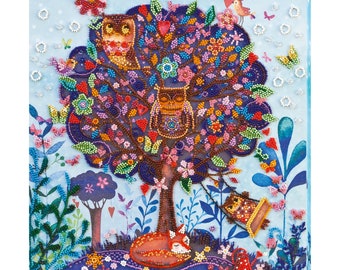 May include: A colorful beaded art piece depicting a tree with owls, a fox, and birds. The tree is decorated with flowers, leaves, and hearts. The background is a light blue with white snowflakes.