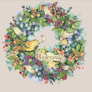 Cross Stitch PDF Pattern Berry Wreath Welcome Scheme Blooming Flowers Digital file embroidery stitching patterns instant download