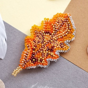 DIY Jewelry making kit, Seed beaded brooch "Oak leaflet", Abris Art. Bead Embroidery, Needlework beading decoration.