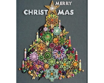 Bead embroidery kit on art canvas Golden Lights Christmas Tree. DIY beadwork kit embroidery pattern christmas new year diy craft kit