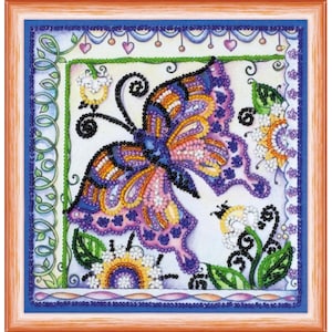 Bead embroidery kit on art canvas Butterfly in flowers. Abris Art DIY beadwork kit embroidery pattern gift for her diy craft kit