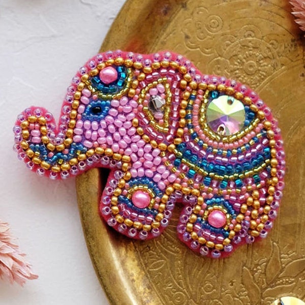 DIY Jewelry making kit, Seed beaded brooch "Pink baby elephant", Abris Art. Bead Embroidery, Needlework beading decoration.