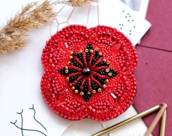 DIY Jewelry making kit, Seed beaded brooch "Poppy", Abris Art. Bead Embroidery, Needlework beading decoration.