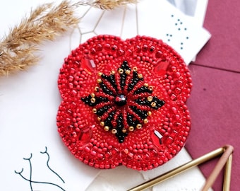DIY Jewelry making kit, Seed beaded brooch "Poppy". Bead Embroidery, Needlework beading decoration.