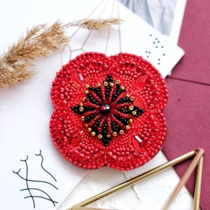 DIY Jewelry making kit, Seed beaded brooch &quot;Poppy&quot;, Abris Art. Bead Embroidery, Needlework beading decoration.