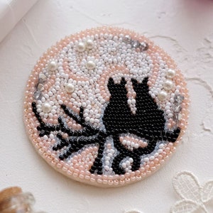 DIY Jewelry making kit, Seed beaded brooch "Moon date", Abris Art. Bead Embroidery, Needlework beading decoration.