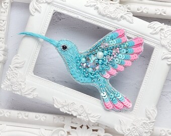 DIY Jewelry making kit, Seed beaded brooch &quot;Hummingbird Dawn&quot;, Tela Artis. Bead Embroidery, Needlework beading decoration.
