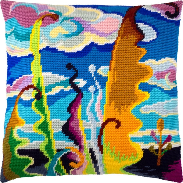 DIY Needlepoint Pillow Kit "Abstract Sky", Tapestry cushion cover kit, Tent Stitch Kit, Embroidery kit, 16"x16" (40x40cm), Printed Canvas