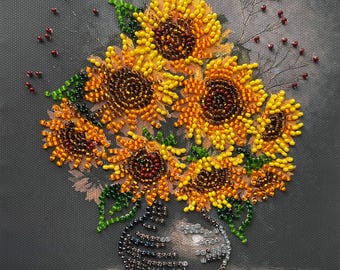 Bead embroidery kit on art canvas Homely sunflowers. DIY beadwork kit embroidery pattern, needlework beading