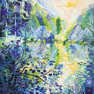 Cross stitch embroidery &quot;Dawn over the river&quot;. Abris Art DIY cross stitch picture.