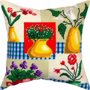 Kit de bordado para almohada &quot;Jarrones y flores&quot;, funda de cojín tapiz, punto de carpa, bordado, 40,6 x 40,6 cm, lienzo impreso