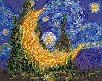 Bead embroidery kit on art canvas Cypress moon. Abris Art DIY beadwork kit embroidery pattern gift for her diy craft kit