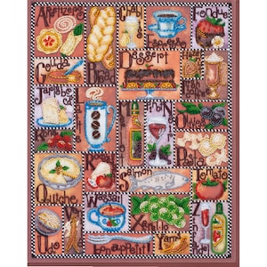 May include: A colorful alphabet chart with illustrations of food and drink items. Each letter is paired with a food or drink item, such as 'A' for 'Appetizers' and 'B' for 'Bread'.