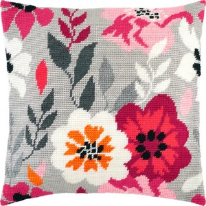 DIY Needlepoint Pillow Kit &quot;Pink flowers&quot;, Tapestry cushion cover kit, Tent Stitch Kit, Embroidery kit, 16&quot;x16&quot; (40x40 cm), Printed Canvas