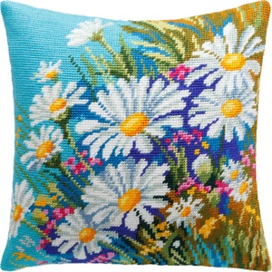 DIY Needlepoint Pillow Kit &quot;Chamomile field&quot;, Tapestry cushion cover kit, Tent Stitch Kit, Embroidery kit, 16&quot;x16&quot;(40x40cm), Printed Canvas