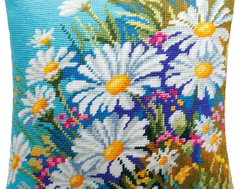 DIY Needlepoint Pillow Kit "Chamomile field", Tapestry cushion cover kit, Tent Stitch Kit, Embroidery kit, 16"x16"(40x40cm), Printed Canvas