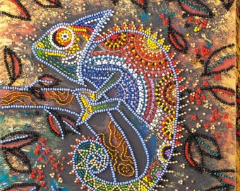 Bead embroidery kit on art canvas Chameleon. Abris Art DIY beadwork kit embroidery pattern gift for her diy craft kit