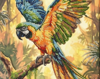 Bead embroidery kit on art canvas - Colorful Parrot . DIY beadwork kit embroidery pattern, needlework beading