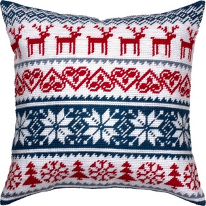 DIY Needlepoint Pillow Kit &quot;Christmas deer&quot;, Tapestry cushion cover kit, Tent Stitch Kit, Embroidery kit, 16&quot;x16&quot; (40*40cm), Printed Canvas