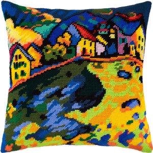 DIY Needlepoint Pillow Kit &quot;Houses on a Hill&quot;, Tapestry cushion cover kit, Tent Stitch Kit, Embroidery kit, 16&quot;x16&quot;(40x40cm), Printed Canvas