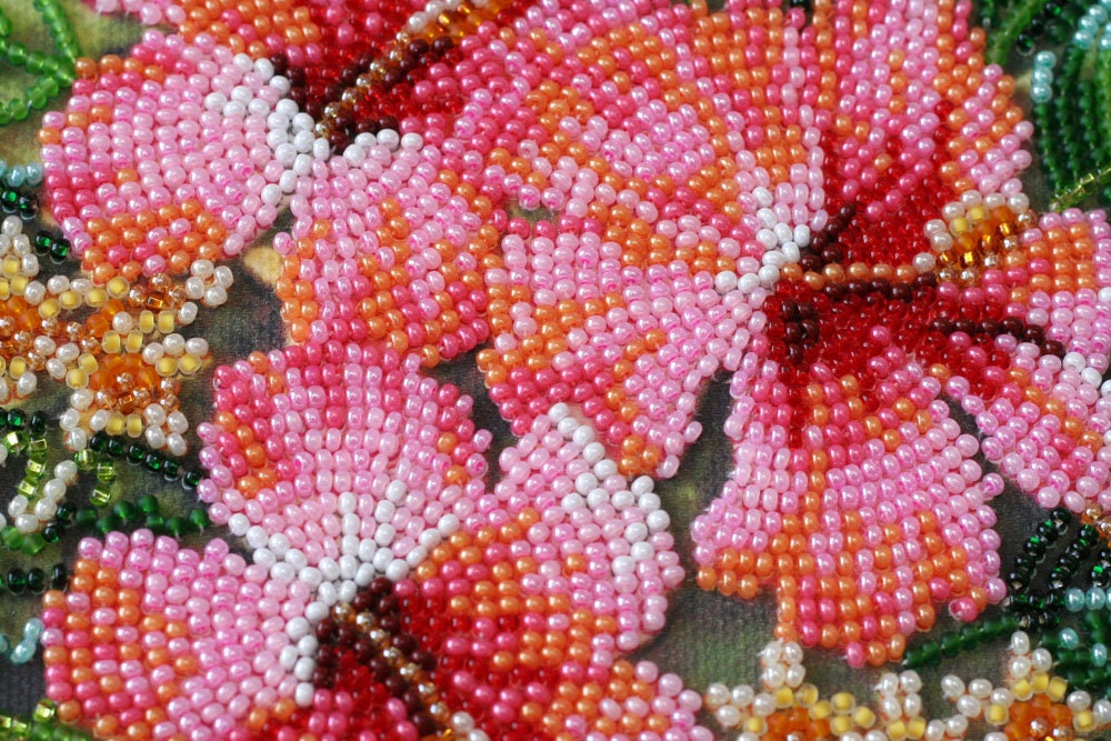 Bead Embroidery Kit on Art Canvas Tanzania Flowers. DIY Beadwork