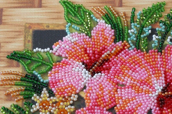 Bead Embroidery Kit on Art Canvas Tanzania Flowers. DIY Beadwork