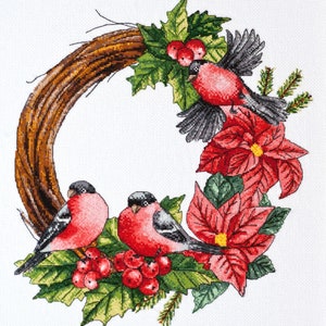 Cross stitch embroidery &quot;Christmas wreath&quot;. Abris Art DIY cross stitch picture.