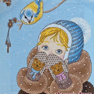 Cross stitch embroidery &quot;Girl and bird&quot;. DIY cross stitch picture.
