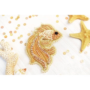 DIY Jewelry making kit, Seed beaded brooch "Gold fish", Tela Artis. Bead Embroidery, Needlework beading decoration.