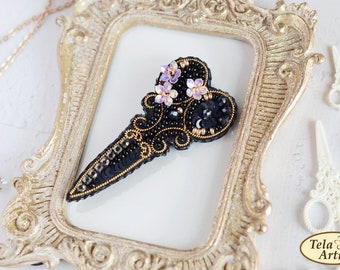 DIY Jewelry making kit, Seed beaded brooch "Black scissors", Tela Artis. Bead Embroidery, Needlework beading decoration. New Year