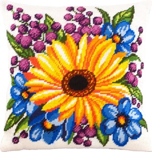 Kit de bordado para almohada &quot;Girasol y flores&quot;, funda de cojín tapiz, punto de carpa, bordado, 40 x 40 cm, lienzo impreso