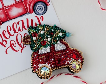 DIY Jewelry making kit, Seed beaded brooch &quot;Christmas car&quot;, Abris Art. Bead Embroidery, Needlework beading decoration. Christmas New Year