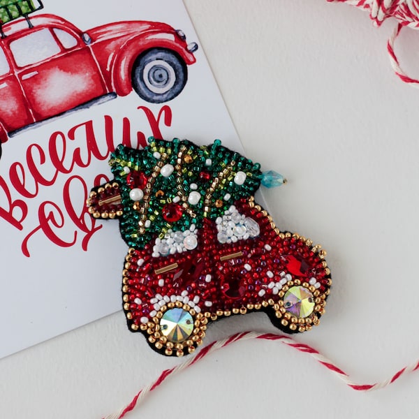 Kit para hacer joyas DIY, Broche con cuentas de semillas "Coche de Navidad", Abris Art. Bordado de cuentas, decoración de cuentas con costura. navidad año nuevo